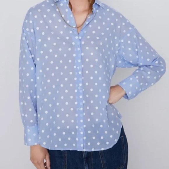 ZARA Light Blue EMBROIDERED POLKA DOT SHIRT Long Sleeve Sz M - Picture 2 of 7